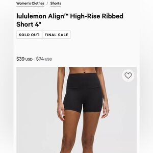 lululemon athletica Black High-Rise align ribbed shorts 4”